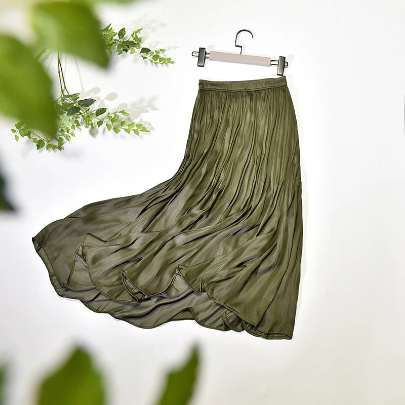 LIZAKOSHT  -  Summer Silky Elastic High Waist Glossy Silky Long Skirt Milk Silk A-line Long Skirts Women Beach Pearlescent Dress