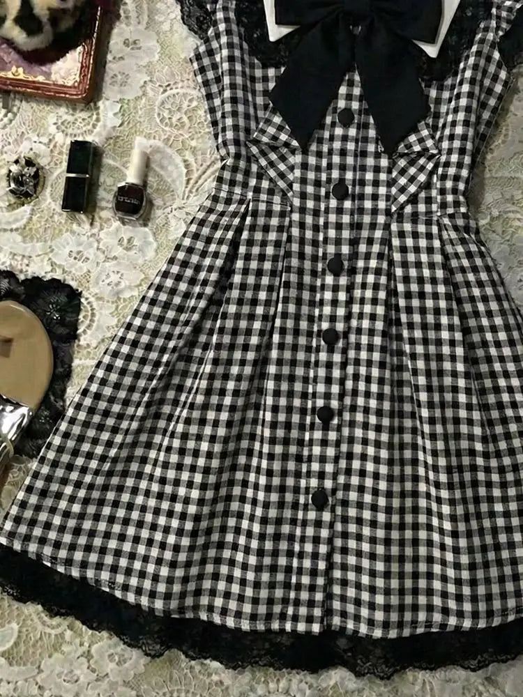 LIZAKOSHT  -  Japanese Dresses Y2k 90s Harajuku Slim Plaid Vintage Goth Women's Dress Kawaii Mini Skirt Sleeveless Summer Fashion Elegant Emo