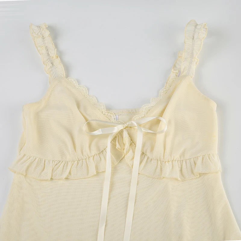 LIZAKOSHT  -  Women Boho Chic Ruffled Lace V-neck Tank Top Bow Tied Sleeveless Light Yellow Sexy Crop Tops Summer Holiday Camisole