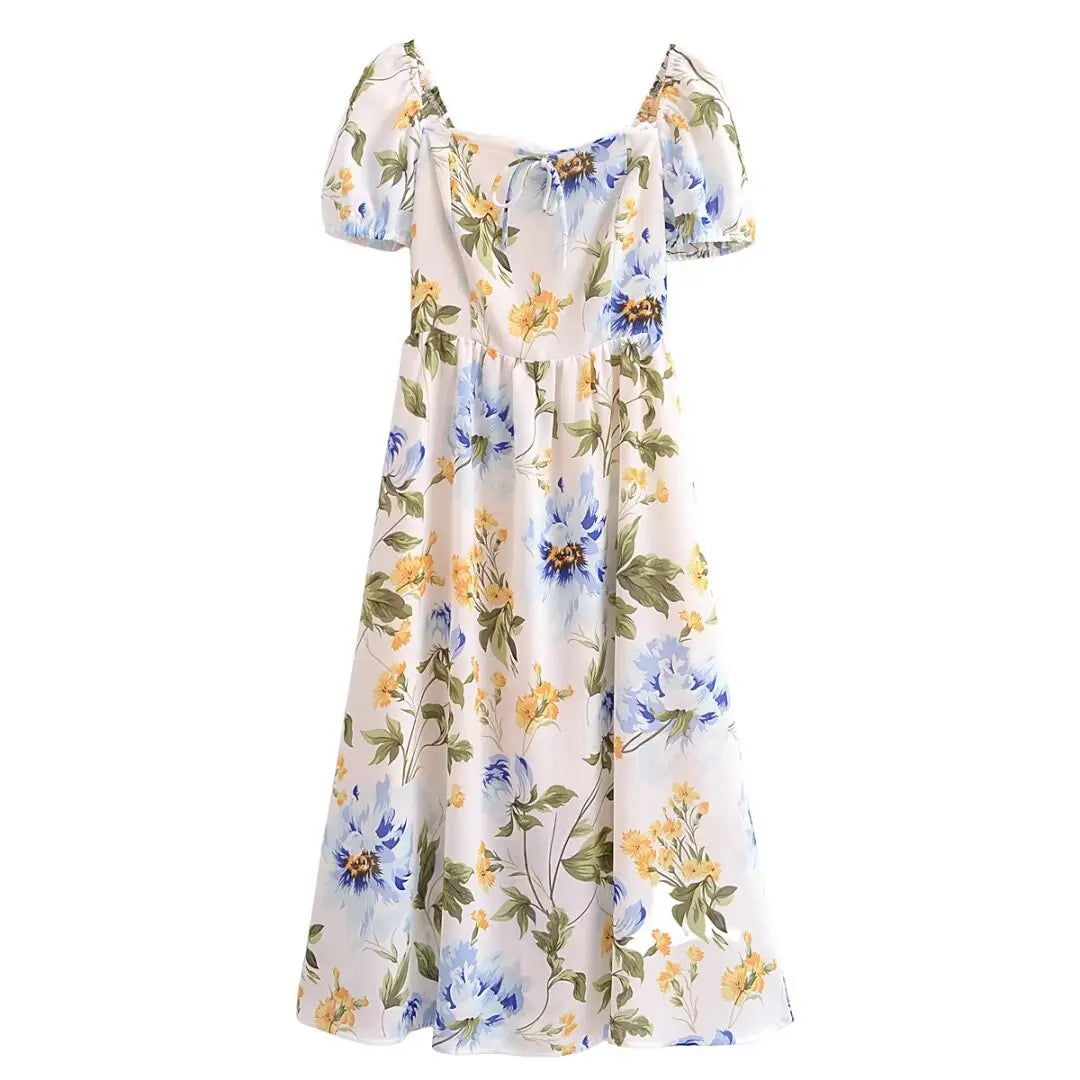 LIZAKOSHT  -  Europe and America 2024 Summer New French Retro Floral Lace Tie Bow Short Sleeve Dress