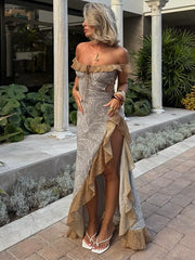 LIZAKOSHT  -  Printed Flounce Lace Up Long Halter Dress Woman Slim Sleeveless Patchwork Color Chic Robes Sexy Beach Vacation Women's Dresses