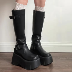 LIZAKOSHT  -  Platform Wedges Heel Women High Boots Fashion Belt Buckle Slim Long Booties Autumn Winter Women's Knight Botas Altas