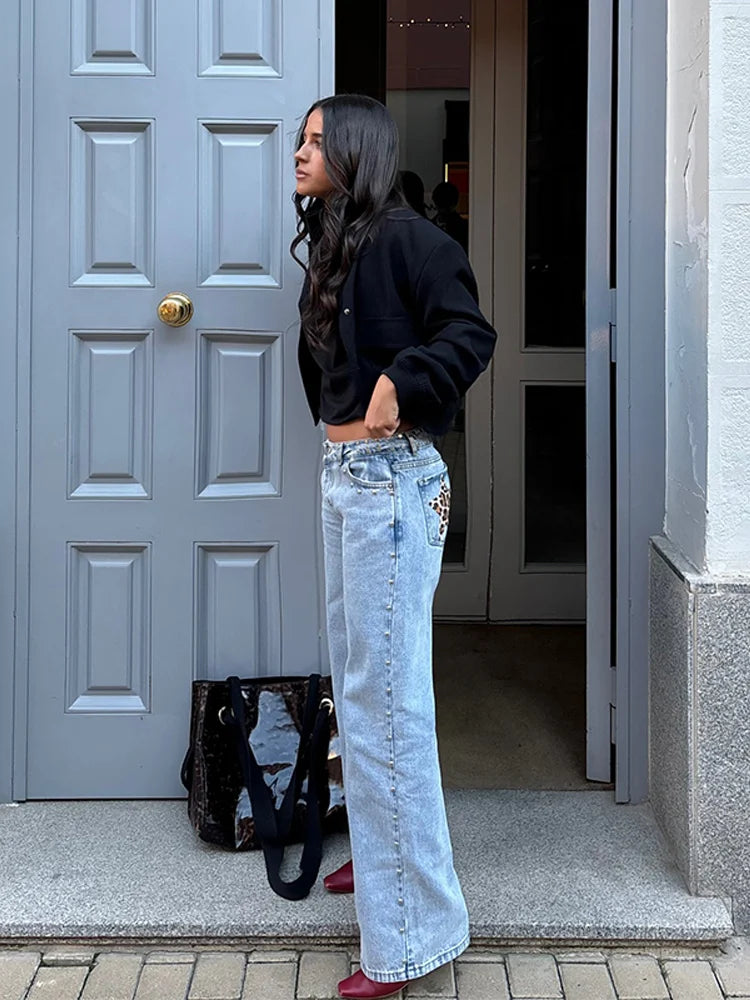 LIZAKOSHT  -  Chic Diamonds Leopard Pentagram Pants For Women Straight-leg Ankle-length Pocket Jeans 2025 Spring Summer Female Casual Trousers