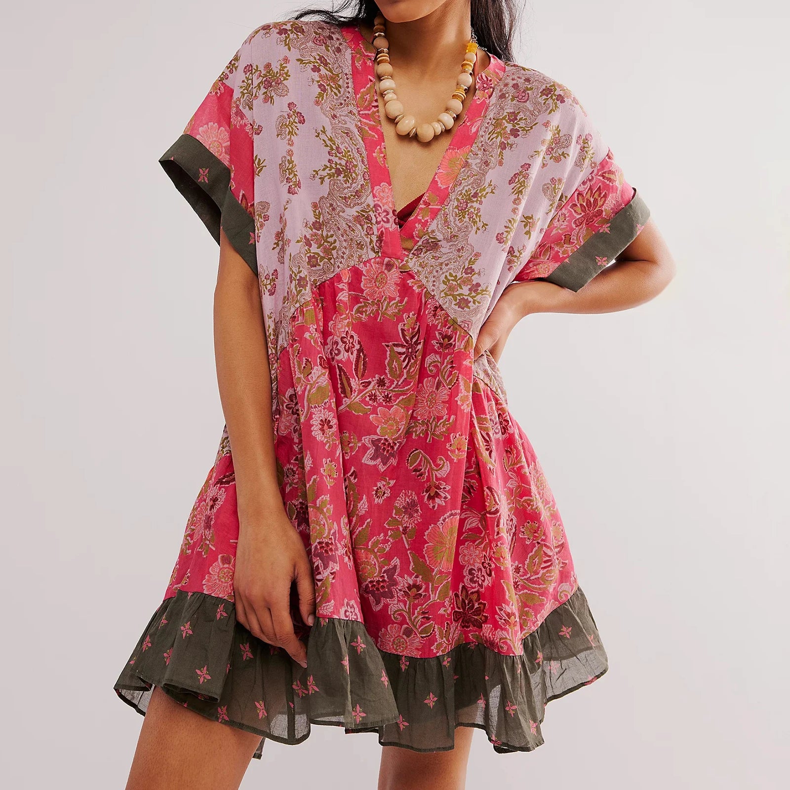 LIZAKOSHT  - Retro Women Bohemian Floral Short Dress Boho Puff Sleeve Flowy Sundress V Neck Ruffle Mini Dress Summer Beach Dress