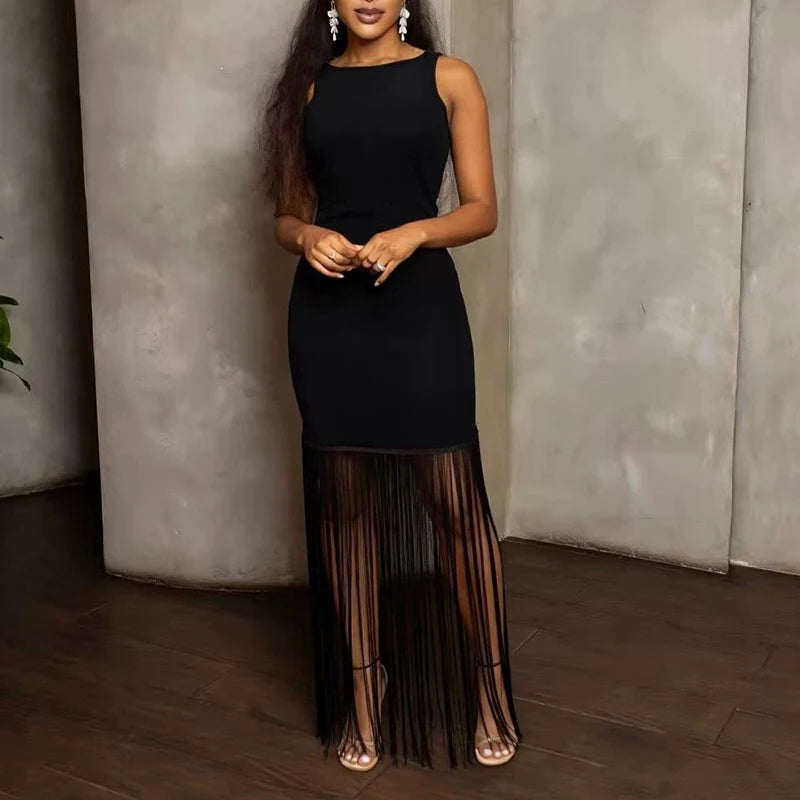 LIZAKOSHT  -  Elegant Sleeveless Hight Waist Slim Party Dress Casual O-neck Solid Wrap Hip Dresses Fringed Splicing Fashion Women's Long Dress