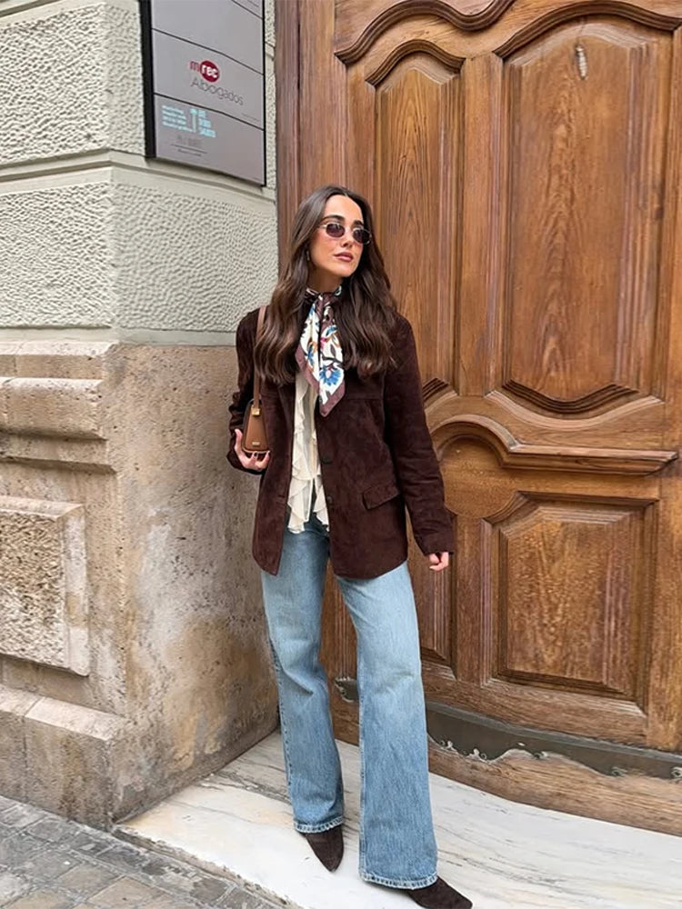 LIZAKOSHT  -  Suede Leather Suit Jacket Coat Vintage Brown Women Cardigan Commuting Fashion Single Breasted Lapel Loose Casual Classic Outwear