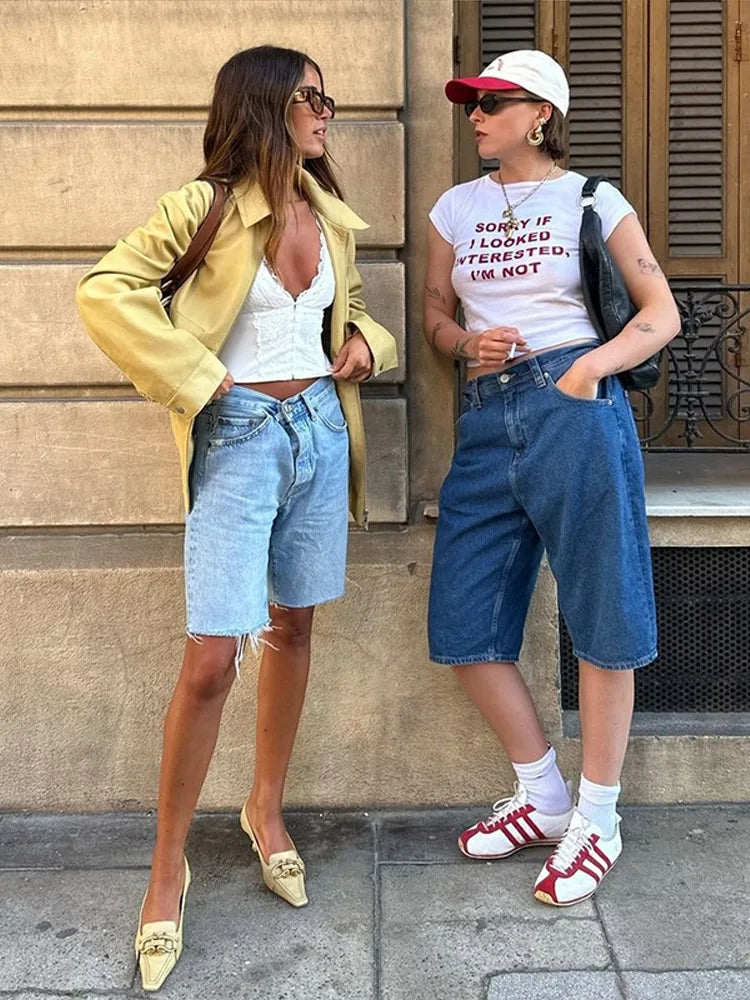 LIZAKOSHT  -  Denim Vintage Short Jeans Women Wide Leg High Waist 2025 Spring Summer Straight Pocket Pants Casual Solid Office Zipper Shorts