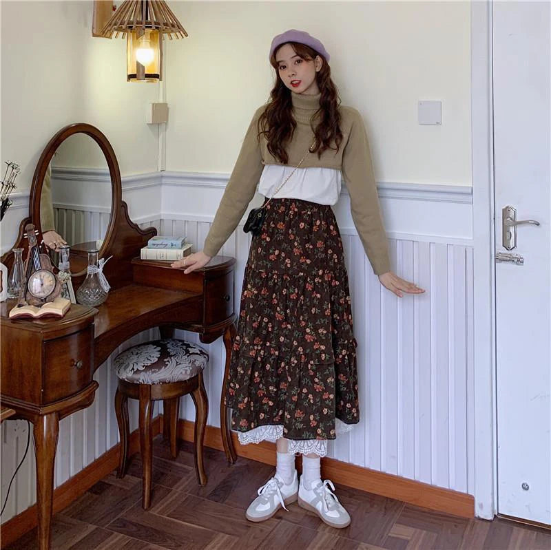 LIZAKOSHT  -  Vintage Floral Midi Skirt Women Lace Patchwork High Waist A Line Loose Casual Skirts Fall Winter Retro Harajuku Elegant Skirt