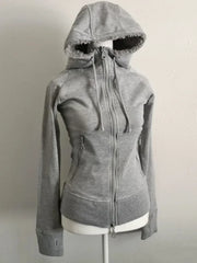 LIZAKOSHT  -  American Retro Solid Color Zipper Slim Sweatshirt Stylish Zippered Hooded Lambswool Sweatshirt Harajuku Hip Hop Y2k Sweatshirt