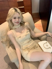 LIZAKOSHT  -  Bow Mesh Suspender Dress for Women Yellow Short Skirt Sexy Pure Slutty Tight Waist Pack