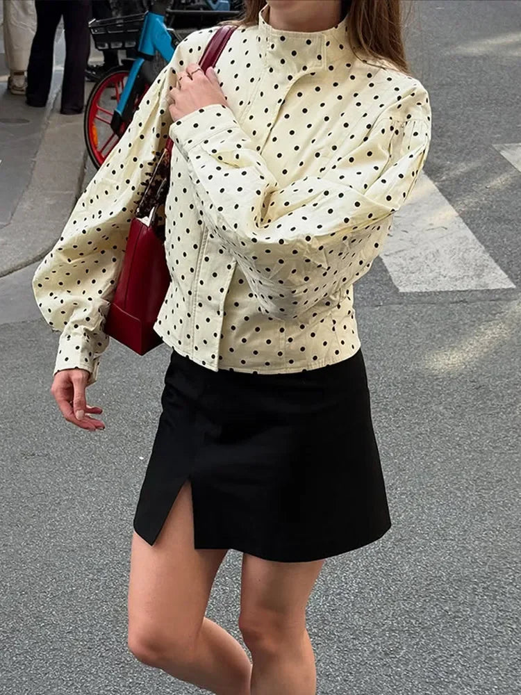 LIZAKOSHT  -  Polka Dot Lantern Sleeve Jackets Women High Collar Oversized Cropped Coats 2025 Lady Casual New Chic Commute Street Outerwear