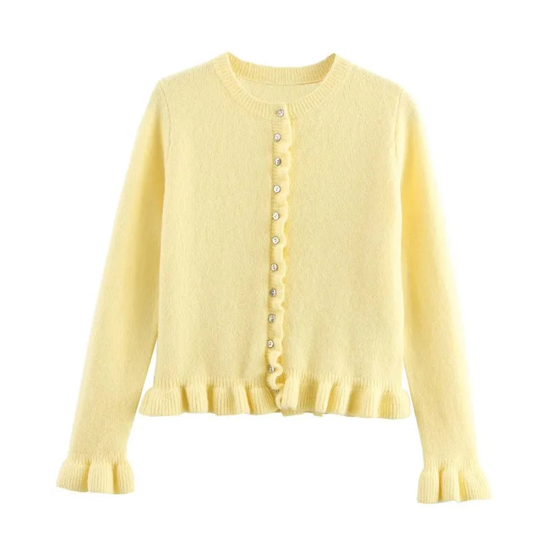 LIZAKOSHT  -  Trendy O-neck Lace Hem Cardigan Knit Top for Women Single-breasted Long Sleeves Coat Sweater Mujer Y2k Clothes Short Jacket New