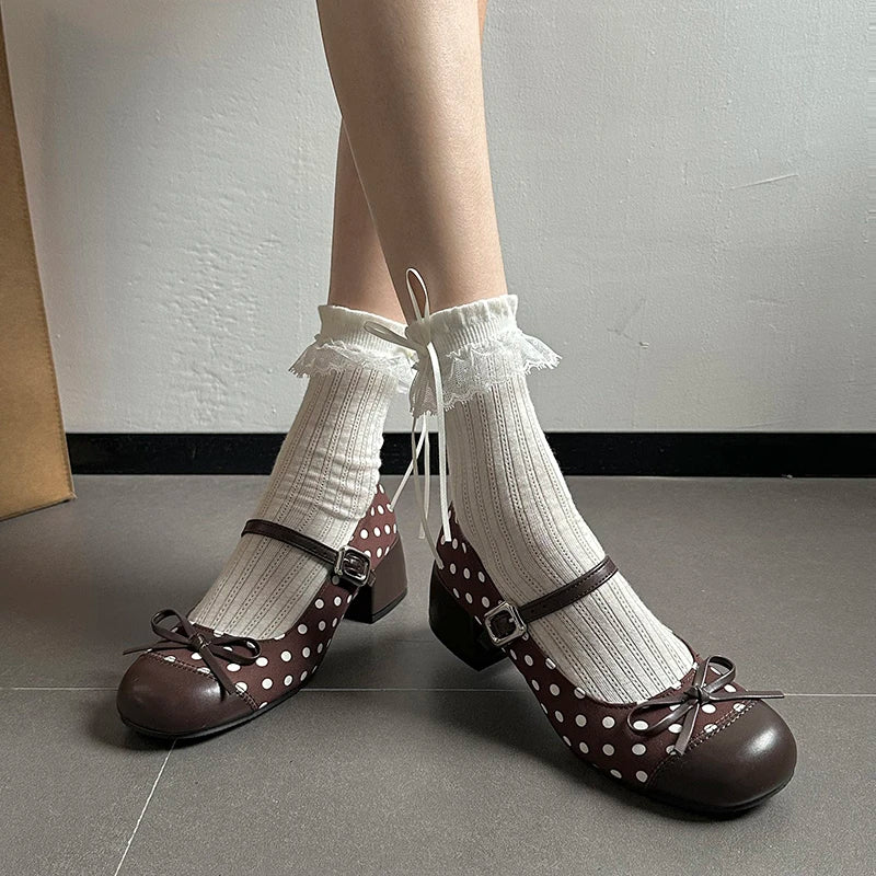 LIZAKOSHT  -  Cute Polka Dot Thick Heel Women Mary Jane Shoes Designer Buckle Strap Pumps Ladies Eelgant Butterfly-knot Dress Single Shoes