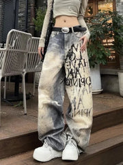 LIZAKOSHT  -  Y2K Letter Gradient Jeans Women Streetwear Fall American Vintage Denim Pants High Street Loose Straight Retro Wide Leg Trousers