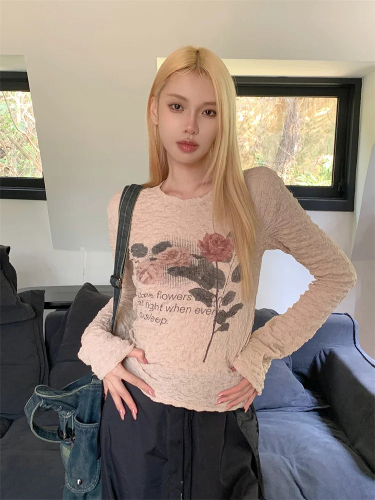 LIZAKOSHT - Letter Spring Auturm Vintage T Shirt Women Long Sleeve Crop Tops Y2k Print Tshirts American Retro Tee Tops Outfits