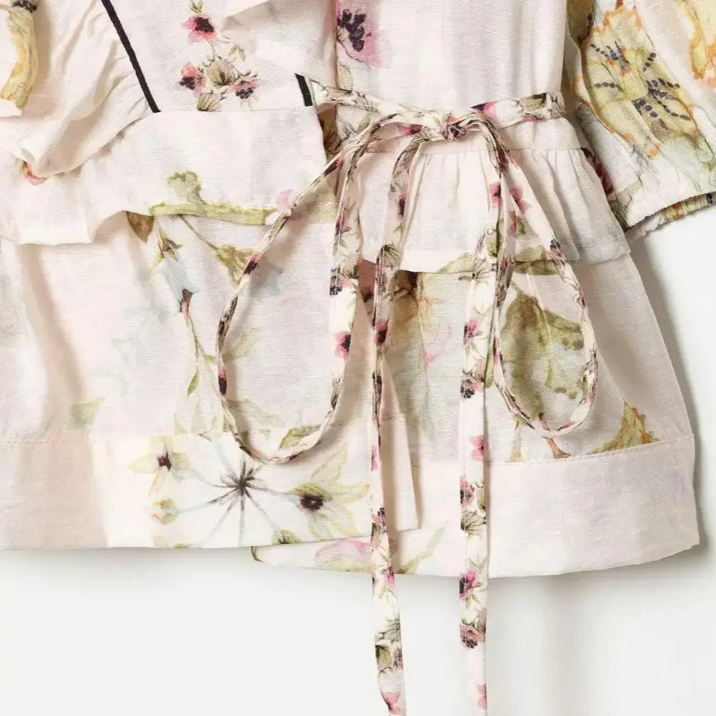 LIZAKOSHT  -  BOHO Light Pink Floral Print Tie Bow Sashes Wrap Shirt Short Women V neck Puff Sleeve Wood ears Waist Kimono Blouse Holiday Cape
