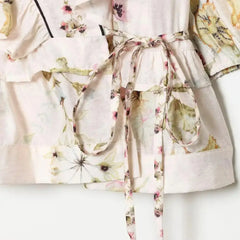 LIZAKOSHT  -  BOHO Light Pink Floral Print Tie Bow Sashes Wrap Shirt Short Women V neck Puff Sleeve Wood ears Waist Kimono Blouse Holiday Cape