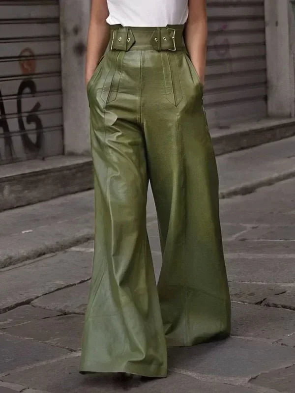 LIZAKOSHT  -  New Autumn Winter Faux PU Pants Women Fashion Casual Solid Color Pleated Pockets High Waisted Wide Leg Trousers