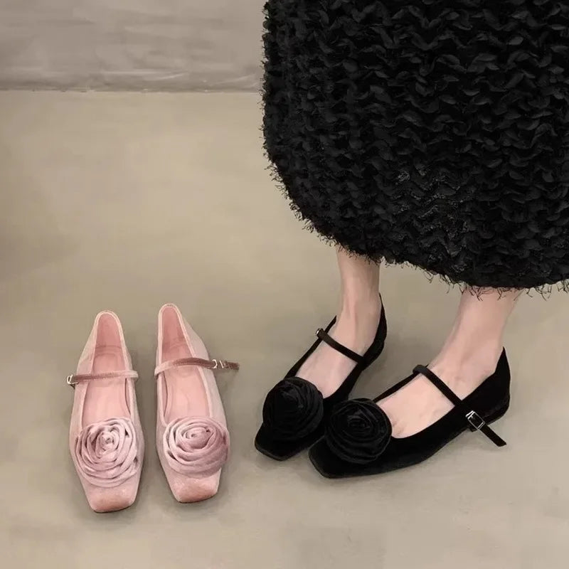 LIZAKOSHT  -  Velvet Flowers Flat Mary Jane Shoes for Women Shallow Elegant Dress Shoes Comfort Soft Sole Square Toe Designer Ballet Shoes
