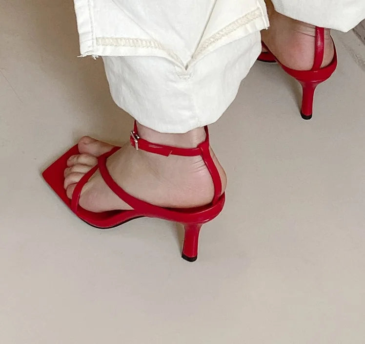 LIZAKOSHT  -  Women Genuine Leather Sandals Thin Heel Sandals High Heels Buckle Square Toe Ladies Footwear Summer Beige Black Red 39