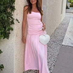 LIZAKOSHT  -  Elegant Ruched Strapless Dress Women Sexy Pastel Pink Off Shoulder Side Zipper Midi Dress 2025 New Summer Party Evening Dresses