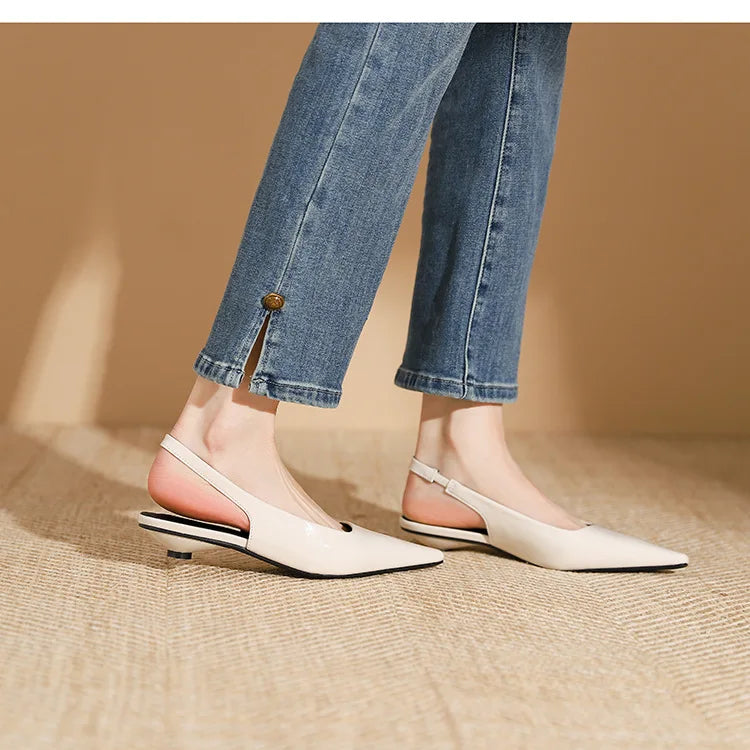 LIZAKOSHT -  Delicate Red Shiny Leather Sandals Woman Slingback Low Heels Shoes Ladies Party Brides Tacones Mujer Pointed Toe Flats Sandalias