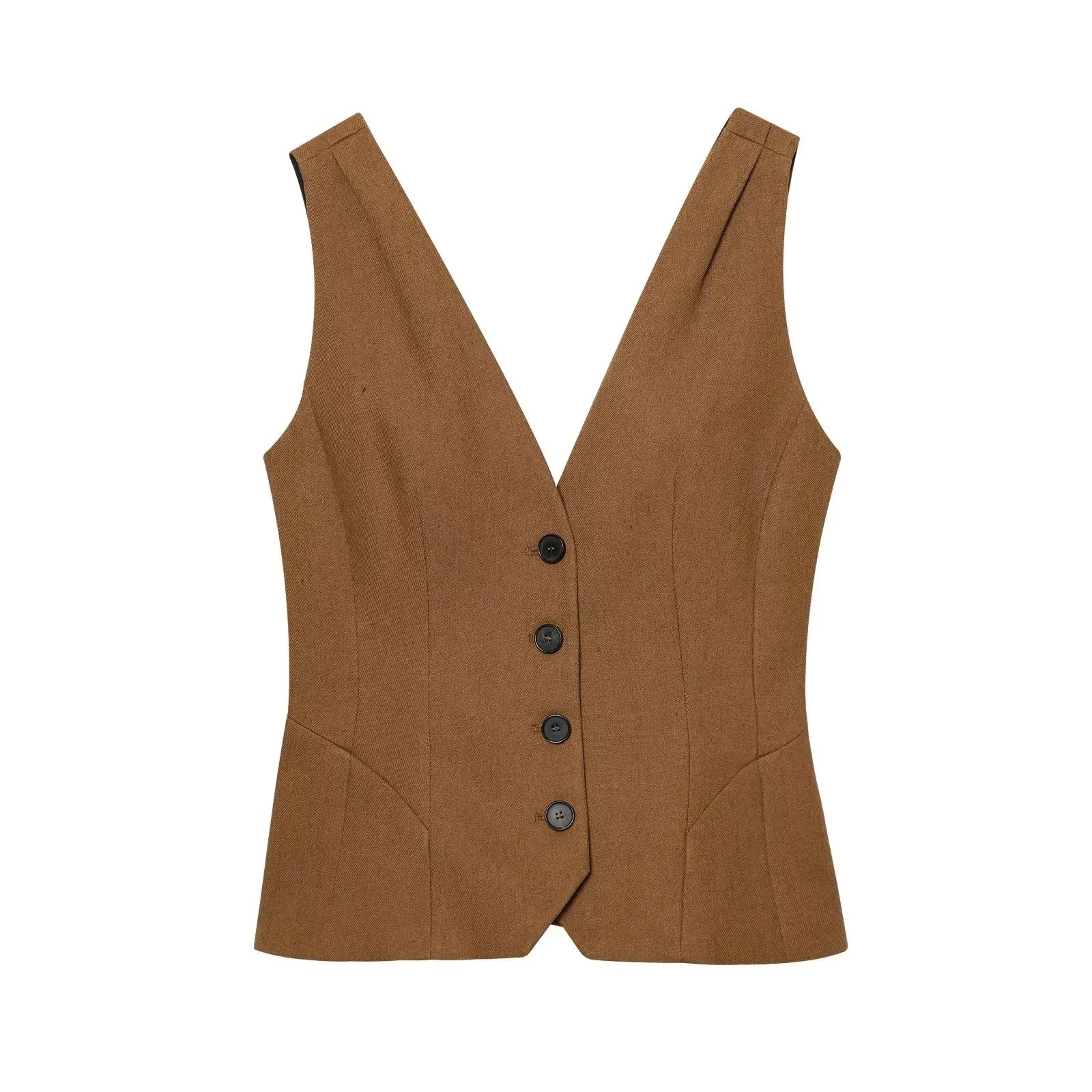 LIZAKOSHT  -  Fashion Slim Vest For Women Summer 2025 New Brown Single Breasted V-neck Sleeveless Waistcoat Sleeveless Office Casual Solid Top