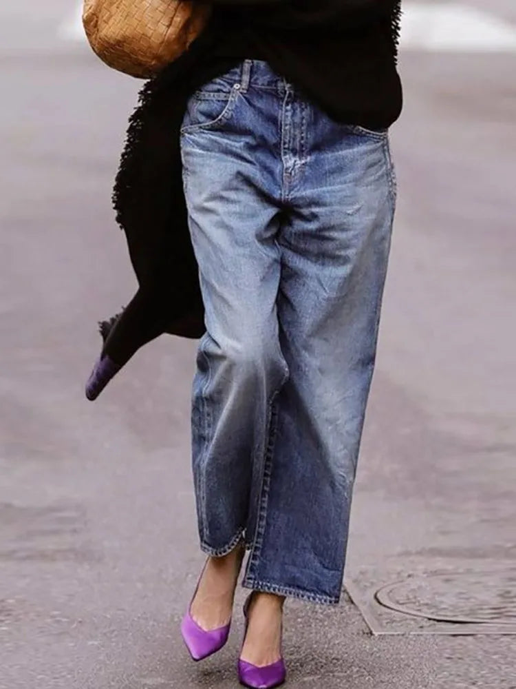 LIZAKOSHT  -  Retro Jeans For Women Casual Mid Waist Denim Pants Streetwear Pockets Vintage Cross-Pants Summer Femme Loose Solid Trousers