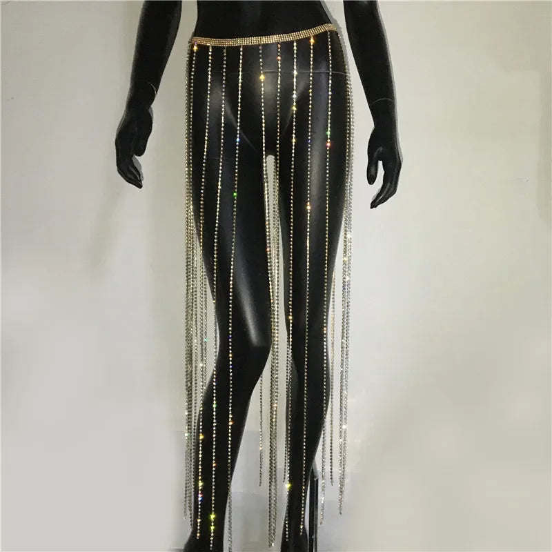 LIZAKOSHT  -  Glitter Rhinestone Long Tassel Skirts For Women Handmade Sexy Diamond Chain Summer Beach Nightclub Party Skirt Belt Accessory