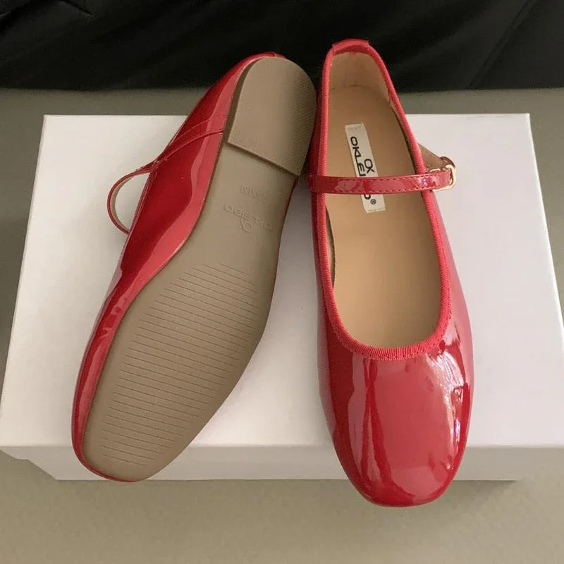 LIZAKOSHT  -  Patent Leather Round Toe Flat Mary Jane Shoes Women Spring New Casual Women Shoes Red Soft Sole Comfort Designer Ballet Shoes
