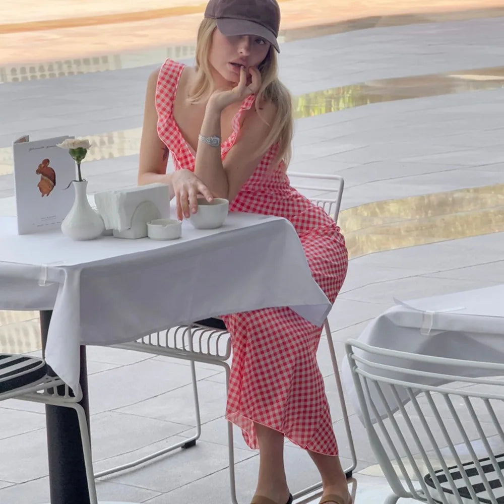 LIZAKOSHT  -  Sexy V-neck Plaid Print Fashion Maxi Dress For Women Spaghetti Patchwork Sleeveless Vacation Long Dress Elegant Vestido