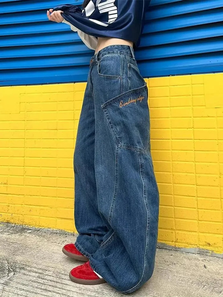 LIZAKOSHT  -  Cyber Y2K Streetwear Blue Wide Leg Baggy Harem Jeans Pants For Women Designer Clothes Multi Pockets Straight Lady Trousers