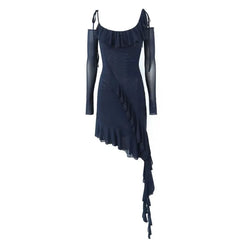 LIZAKOSHT  -  Women Ruffles Asymmetric Hem Mini Party Robe Sexy Irregular Wood ears Slash Collar Off Shoulder Full Sleeve Mesh Dress