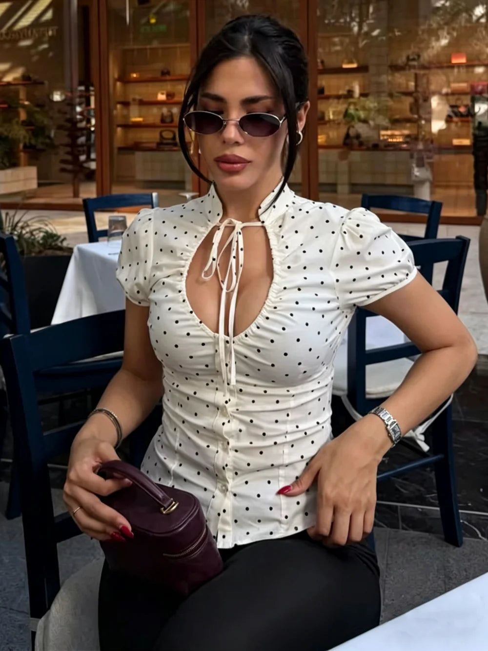 LIZAKOSHT  -  Summer New Bow Lace-up Puff Sleeve Slim Blue Shirts Women Sexy V-neck Single Breasted Crop Tops Y2K Girl Cute Tops