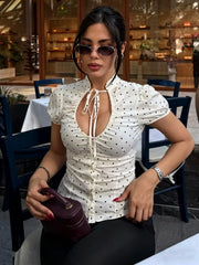 LIZAKOSHT  -  Summer New Bow Lace-up Puff Sleeve Slim Blue Shirts Women Sexy V-neck Single Breasted Crop Tops Y2K Girl Cute Tops