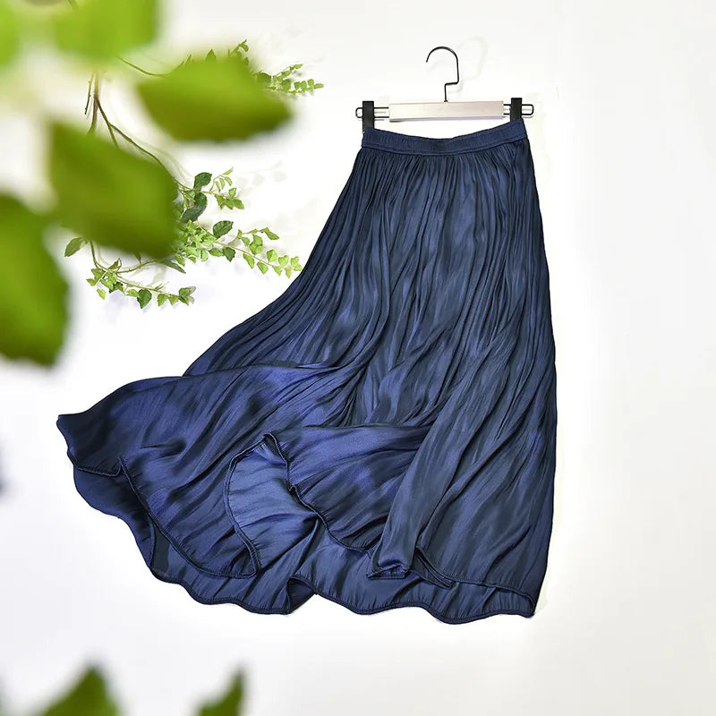 LIZAKOSHT  -  Summer Silky Elastic High Waist Glossy Silky Long Skirt Milk Silk A-line Long Skirts Women Beach Pearlescent Dress