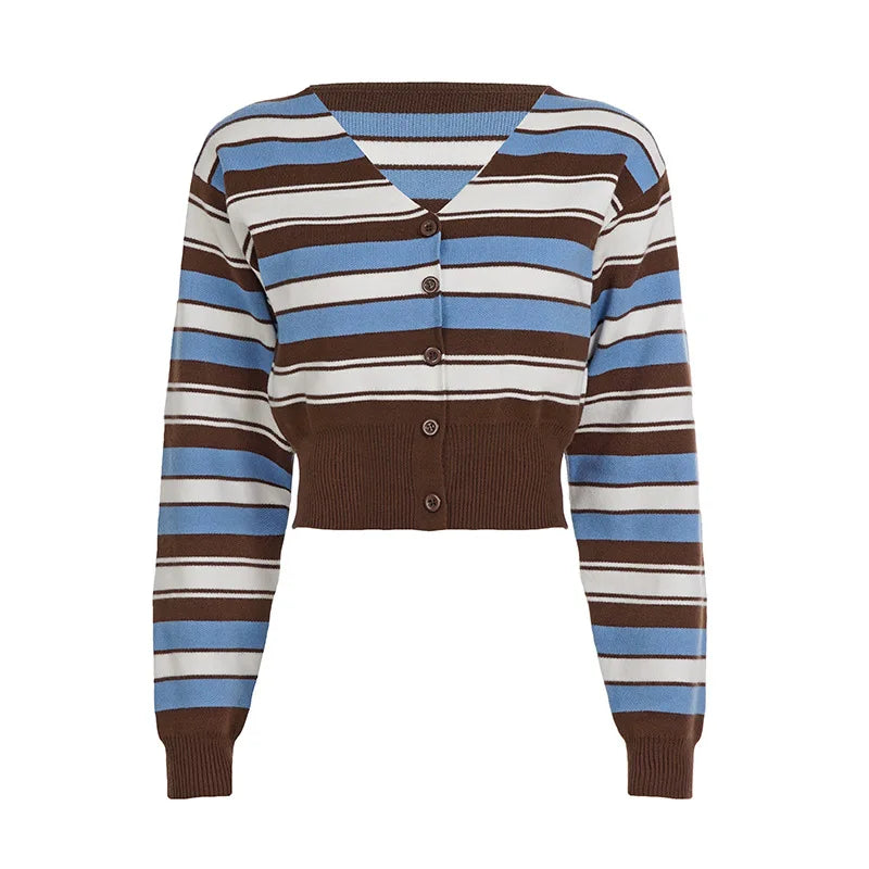LIZAKOSHT  -  American Street Y2k Knitted Cardigan Personalized V-neck Striped Sweater Top Spicy Girl Fashion Short Versatile Thin Knitwear