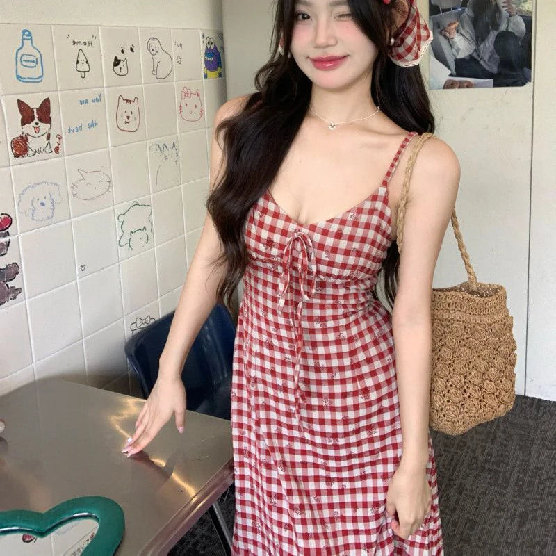 LIZAKOSHT  -  Sexy Backless Red Plaid Dress Women Summer Sweet Skinny Spaghetti Strap Dress Pretty Style Chic Elegant Party Night Vestidos