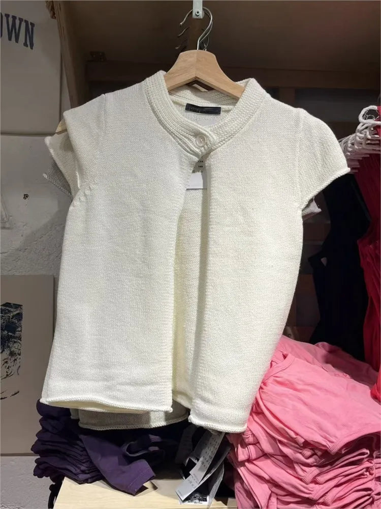 LIZAKOSHT  -   Sweet White Knitted Cardigan Women Simple Cotton Single Button Neckline Short Sleeve Sweater Vintage Preppy Style Outfit Top Y2K