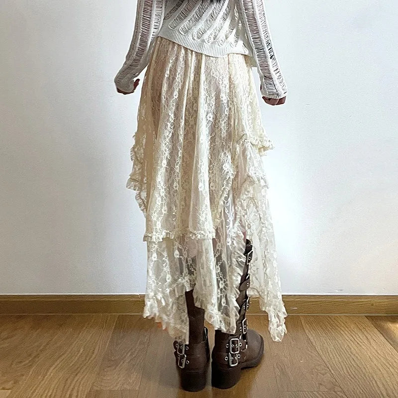 LIZAKOSHT  -  Elegant Fashion Vintage Chic Irregular Hem A-line Skirts Holiday Skirts for Women Vintage Ruffles Floral Kintted Lace Streetwear