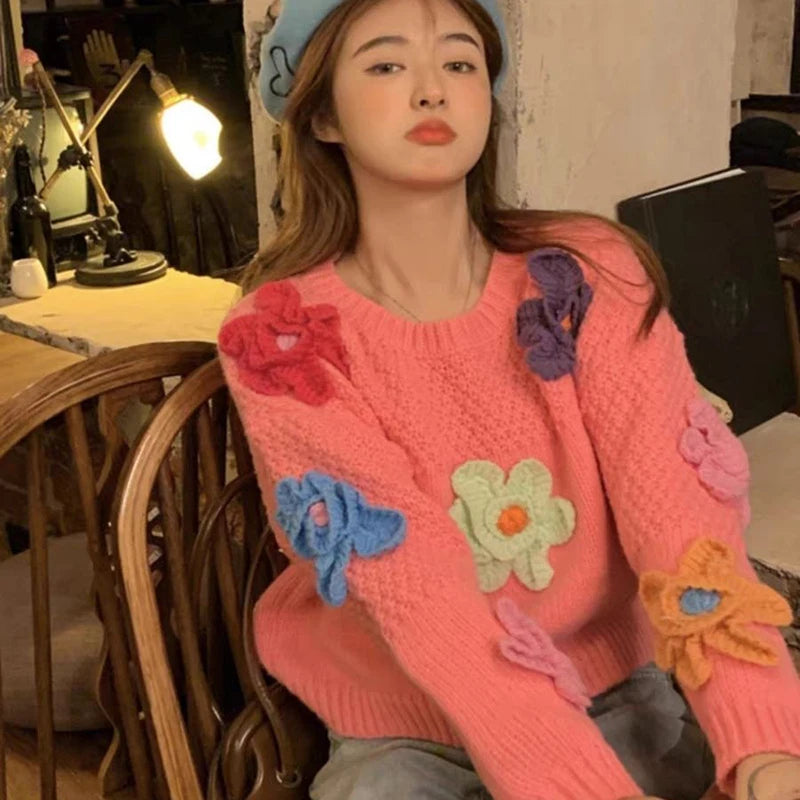 LIZAKOSHT  -  3D Floral Sweet Knit Sweater Women Loose Casual Lazy Wind Cute Long Sleeve Pullovers French Fall Winter Solid O Neck Jumpers New