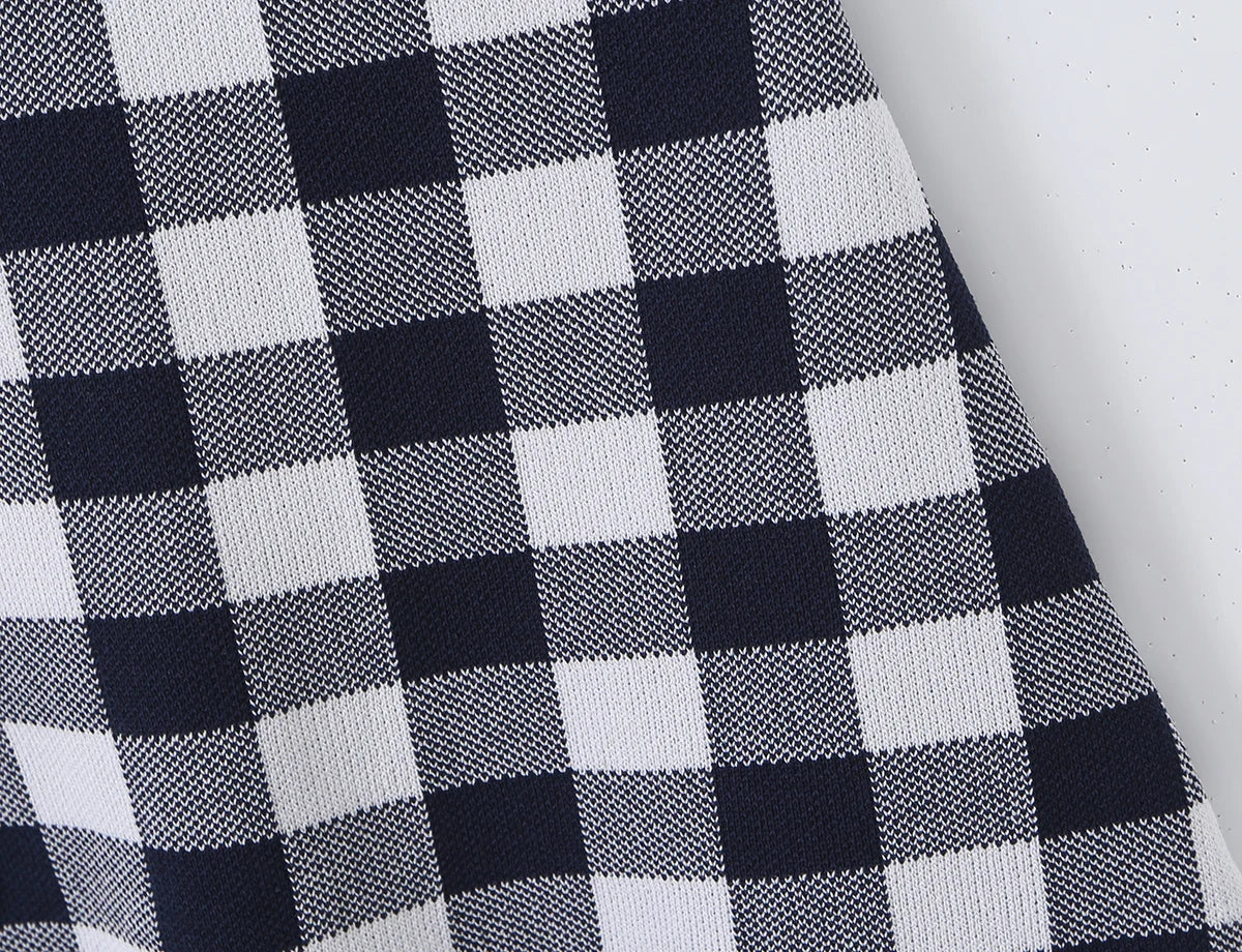 LIZAKOSHT  -  Autumn Black White Plaid Gingham Knitted Sling Dress Open Buttons V neck Package Hips Short Dresses Skinny Robe Vestidos