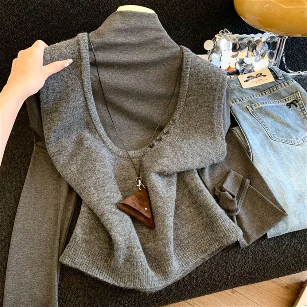 LIZAKOSHT  -  Autumn Winter Casual Sleeveless Gray Knitting Vest Korean Style Elegant Clothing Female Tops Women's Fashion Knitted Vest