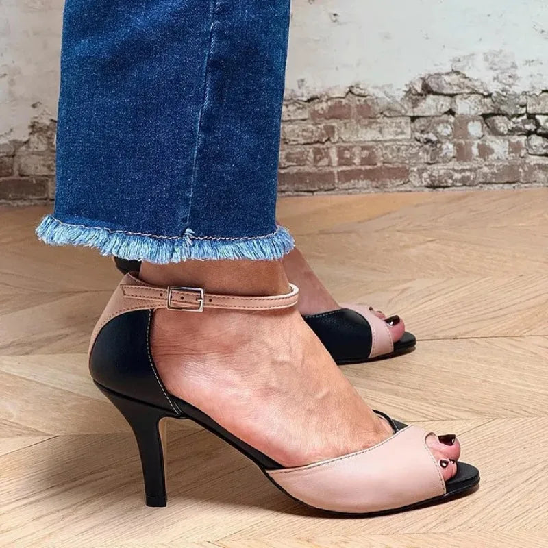 LIZAKOSHT  -  Color Blocked Fish Mouth High-heeled Sandals Women ,Shallow Mouth with A Single Buckle Strap, Slim Heel Shoes Women Plus Size