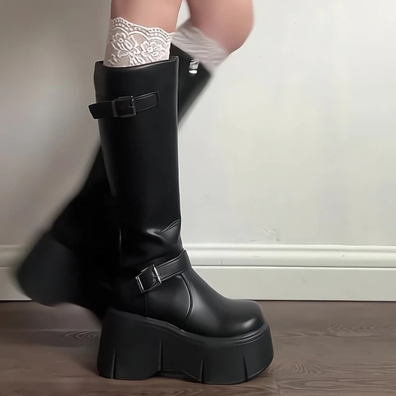 LIZAKOSHT  -  Platform Wedges Heel Women High Boots Fashion Belt Buckle Slim Long Booties Autumn Winter Women's Knight Botas Altas