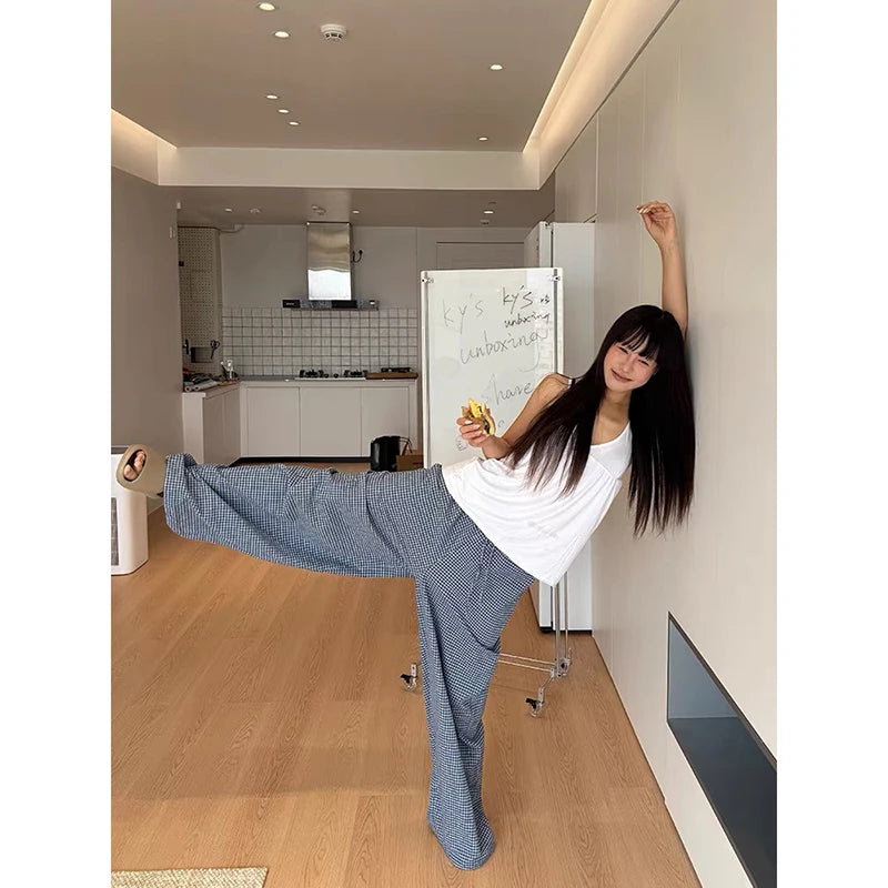 LIZAKOSHT  -  Women Blue Baggy Wide Leg Sweatpants Oversize Plaid Pants Harajuku 2000s American Style Vintage Y2k Trouser Summer