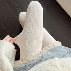 LIZAKOSHT  -  Japanese Winter Vertical Bar Warm Pantyhose Oat Color Skinny Full Foot Thickened Base Socks Candy Color Foundation Plush Tights