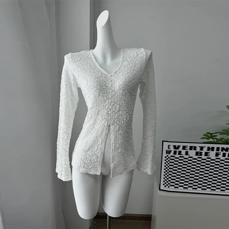 LIZAKOSHT  -  Lace Hollow Out Tops For Women v-neck Sleeveless Single Breasted Front Split Skirts 2025 Summer Female Daily Casual Outerwear