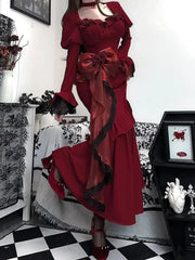 LIZAKOSHT  -  Gothic French Hepburn Style Retro Velvet Dress for Women's New Spring Design Y2K Dark Vintage Punk High Waist Long Dresses