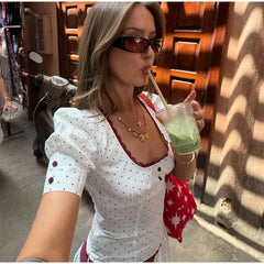 LIZAKOSHT  -  Solid Polka Dot Long Skirt Suit Women U Neck Short Sleeves Lace Ruffle Waist Cinching 2-piece Set Lady Summer Holiday Outfit New
